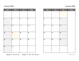 January 2056 Calendar on two pages