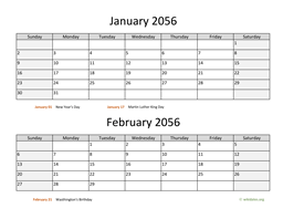 January and February 2056 Calendar