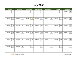 July 2056 Calendar with Day Numbers