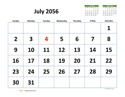 July 2056 Calendar with Extra-large Dates