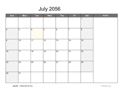 July 2056 Calendar with Notes