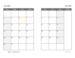 July 2056 Calendar on two pages