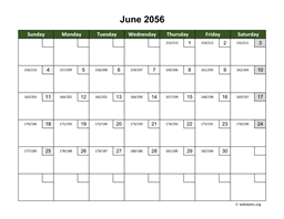 June 2056 Calendar with Day Numbers