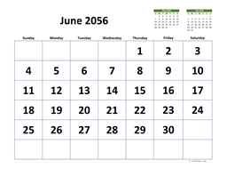 June 2056 Calendar with Extra-large Dates