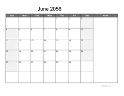 June 2056 Calendar with Notes