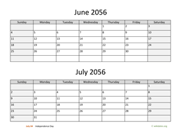 June and July 2056 Calendar