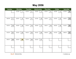 May 2056 Calendar with Day Numbers