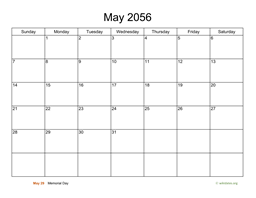 Basic Calendar for May 2056
