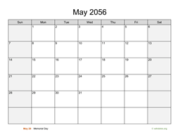 May 2056 Calendar with Weekend Shaded