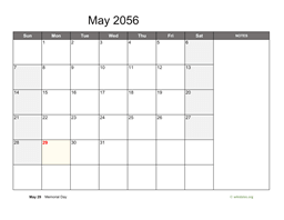 May 2056 Calendar with Notes