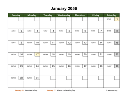 Monthly 2056 Calendar with Day Numbers