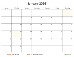 Monthly 2056 Calendar with Bigger boxes