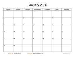 Monthly Basic Calendar for 2056