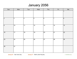 Monthly 2056 Calendar with Weekend Shaded