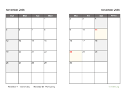 November 2056 Calendar on two pages