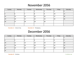 November and December 2056 Calendar