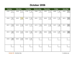 October 2056 Calendar with Day Numbers