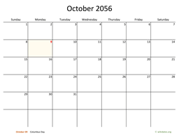October 2056 Calendar with Bigger boxes
