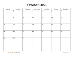 Basic Calendar for October 2056