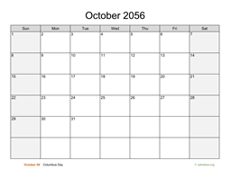 October 2056 Calendar with Weekend Shaded