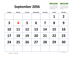 September 2056 Calendar with Extra-large Dates