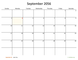 September 2056 Calendar with Bigger boxes