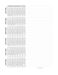 six months 2056 calendar vertical with notes