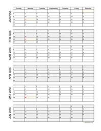 six months 2056 calendar vertical