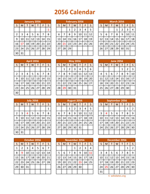 Full Year 2056 Calendar on one page