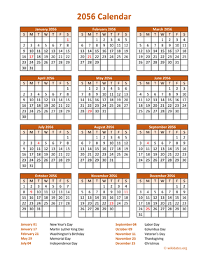 Calendar 2056 Vertical