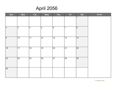 April 2056 Calendar with Notes