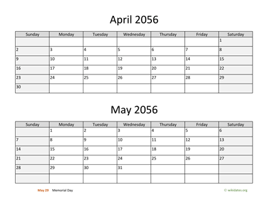 April and May 2056 Calendar Horizontal