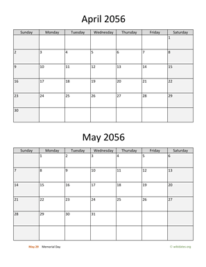 April and May 2056 Calendar Vertical