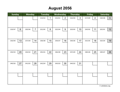 August 2056 Calendar with Day Numbers