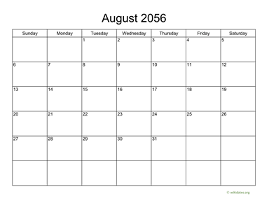 Basic Calendar for August 2056