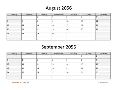 August and September 2056 Calendar Horizontal