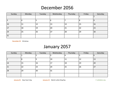 December 2056 and January 2057 Calendar Horizontal