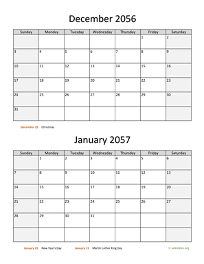 December 2056 and January 2057 Calendar Vertical