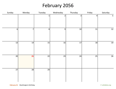 February 2056 Calendar with Bigger boxes