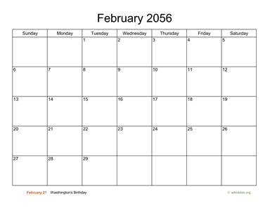 Basic Calendar for February 2056