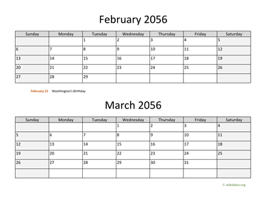 February and March 2056 Calendar Horizontal