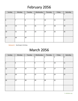 February and March 2056 Calendar Vertical