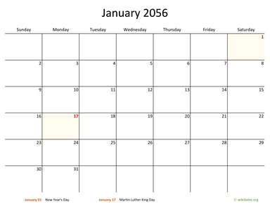 January 2056 Calendar with Bigger boxes