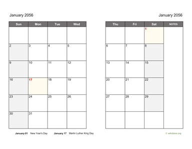 January 2056 Calendar on two pages