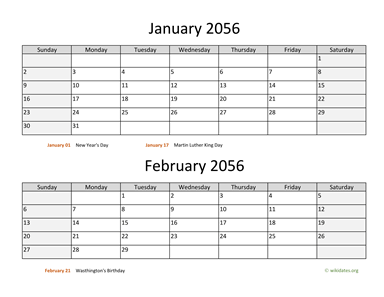 January and February 2056 Calendar Horizontal