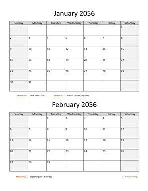 January and February 2056 Calendar Vertical