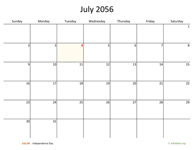 July 2056 Calendar with Bigger boxes