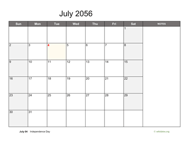 July 2056 Calendar with Notes