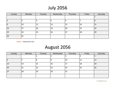 July and August 2056 Calendar Horizontal