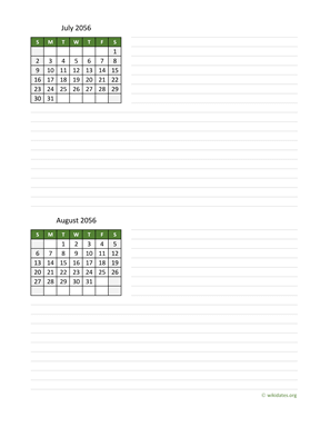 July and August 2056 Calendar with Notes